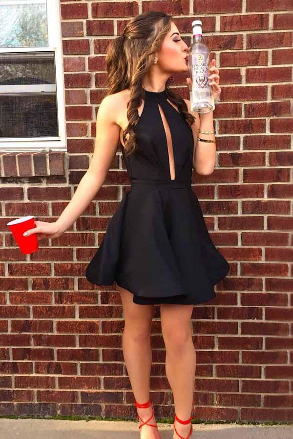 high neck black short prom dress cut out homecoming dress with pleats