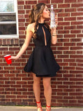 high neck black short prom dress cut out homecoming dress with pleats