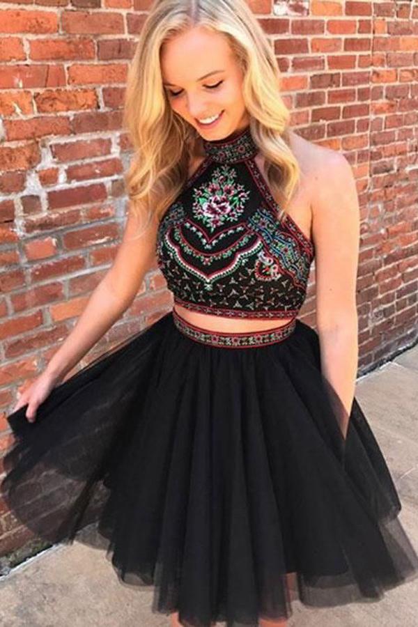 tulle two piece embroidered bodice black homecoming dress