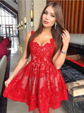 a line red short prom dress square lace homecoming dress with pleats