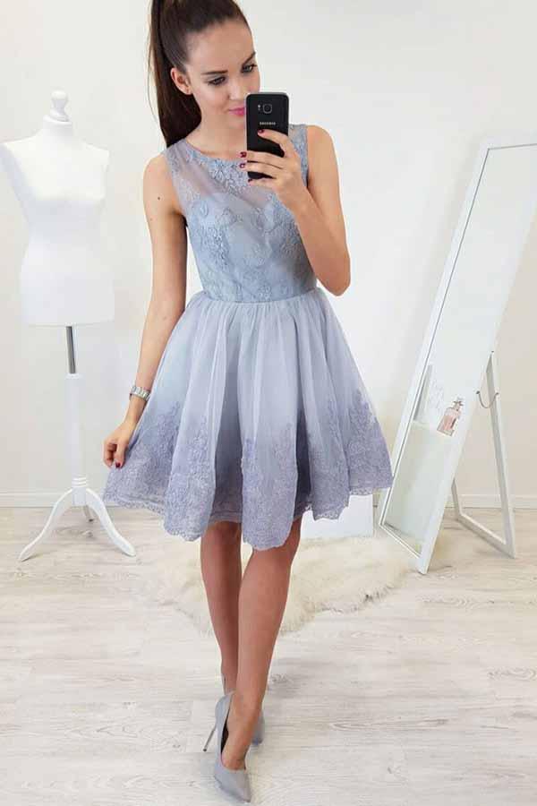 a line fit flare lace applique short prom homecoming dress