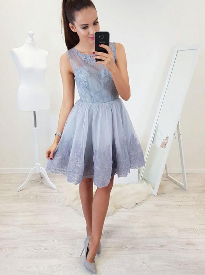 a line fit flare lace applique short prom homecoming dress