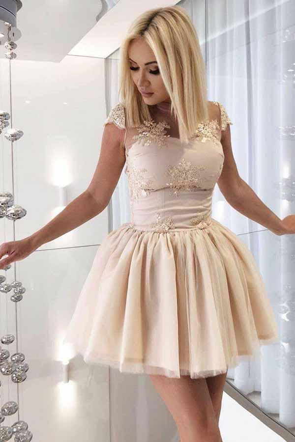 cute illusion neckline tulle appliqued short homecoming dress with pleats