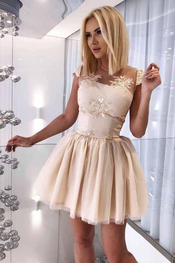 cute illusion neckline tulle appliqued short homecoming dress with pleats