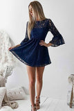 A-line Bateau Lace Navy Blue Bell Half Sleeves Homecoming Dress With Open Back GM180
