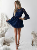 a line bateau lace navy blue bell half sleeves homecoming dress with open back