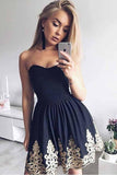 strapless black ruched short graduation dresses with appliques