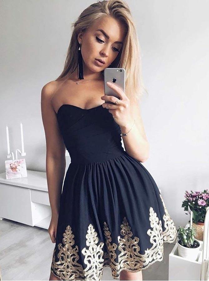 strapless black ruched short graduation dresses with appliques