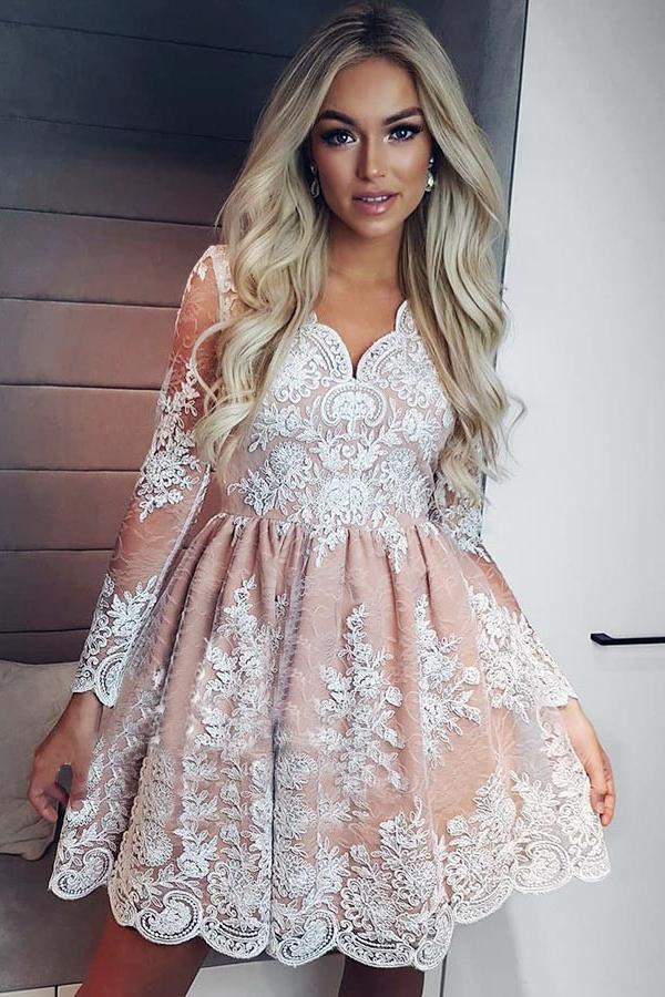 a line long sleeves short prom dress lace homecoming dresses