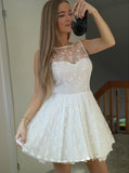 a line illusion bateau lace short prom homecoming dress with v back