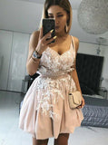 a line v neck pearl pink spaghetti homecoming dresses with handmade flowers