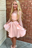 Two Piece Pink Short Prom Dress Lace Bodice Long Sleeve Homecoming Dresses GM171