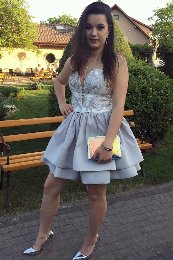 sweetheart lace applique dusty blue homecoming dress with tiered skirt