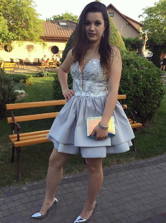 sweetheart lace applique dusty blue homecoming dress with tiered skirt