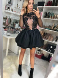 long sleeve appliques bodice satin black short party dress with tiered skirt