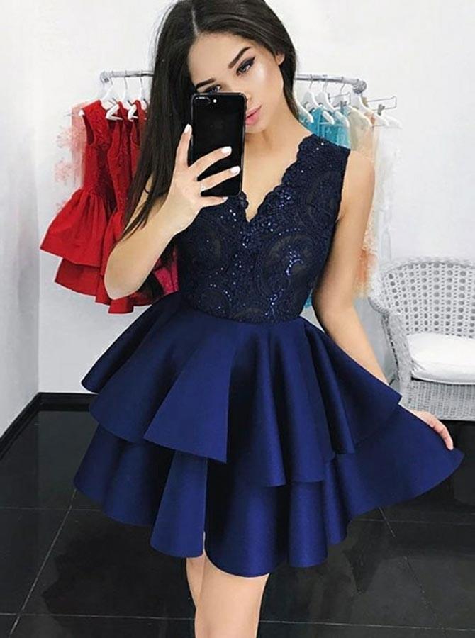 navy blue v neck sequins lace homecoming dress with tiered skirt