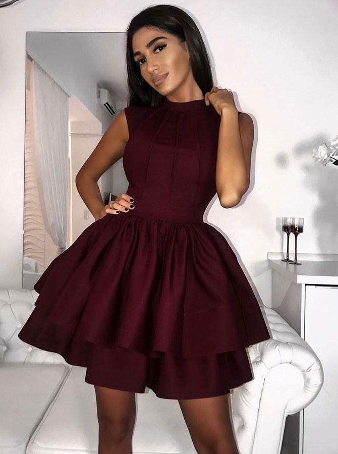 high neck burgundy short prom homecoming dresses with tiered skirt