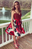 Spaghetti Short Prom Dresses with Floral Print Beading Homecoming Dress GM159