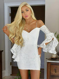 off shoulder white bodycon lace cocktail party dress with bell sleeves