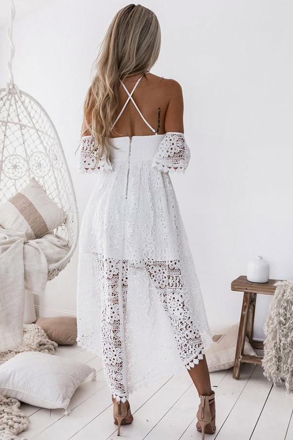 white pleated hollow out high low homecoming dress sweetheart lace short prom dress