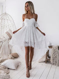 white pleated hollow out high low homecoming dress sweetheart lace short prom dress