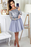 Off-Shoulder Long Sleeves Appliques Tulle Lavender Homecoming Dress GM148