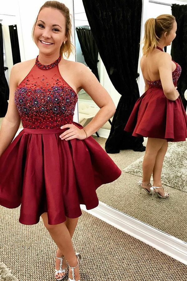 high neck beading burgundy homecoming dress backless short prom dress