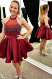 High Neck Beading Burgundy Homecoming Dress, Backless Short Prom Dress GM147