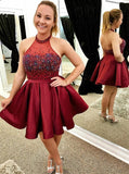 high neck beading burgundy homecoming dress backless short prom dress