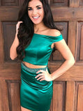 two piece dark green off shoulder sheath homecoming dress with beading
