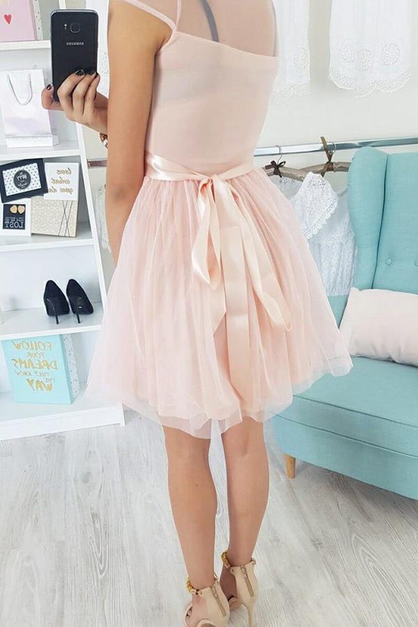 jewel appliques cap sleeve pearl pink tulle homecoming dress