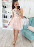jewel appliques cap sleeve pearl pink tulle homecoming dress