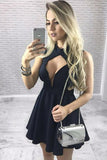 simple high neck cutout satin black pleated homecoming dress