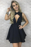 Simple High Neck Cutout Satin Black Pleated Homecoming Dress GM135
