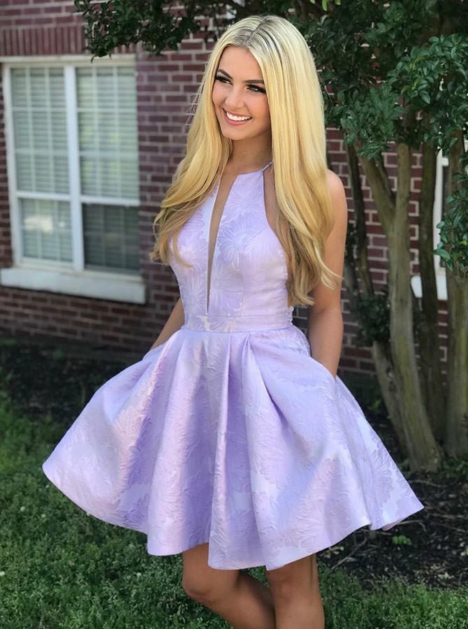 lilac printed satin short prom homecoming dress with pockets