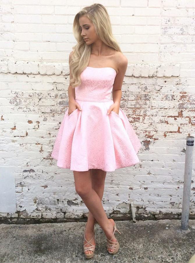 strapless pink short prom dresses homecoming dress with pockets