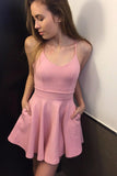 simple spaghetti scoop pink homecoming dress with pockets