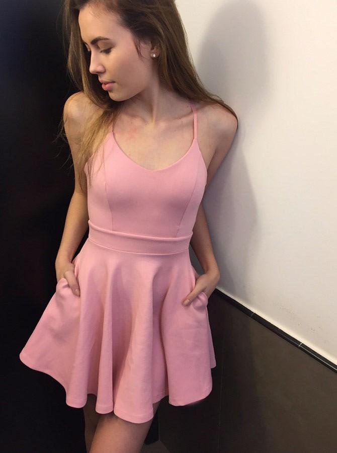simple spaghetti scoop pink homecoming dress with pockets