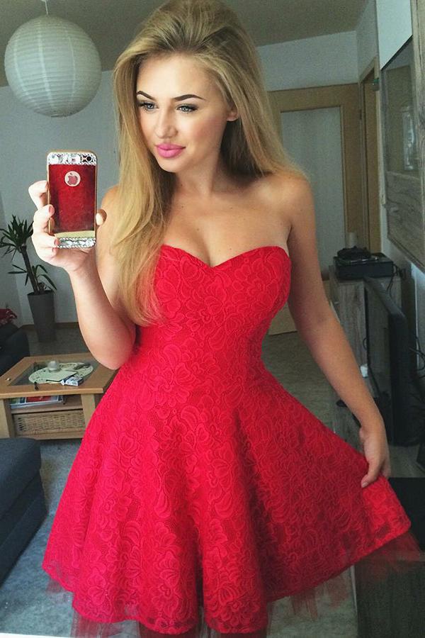 cute a line lace red pleats sweetheart homecoming dress