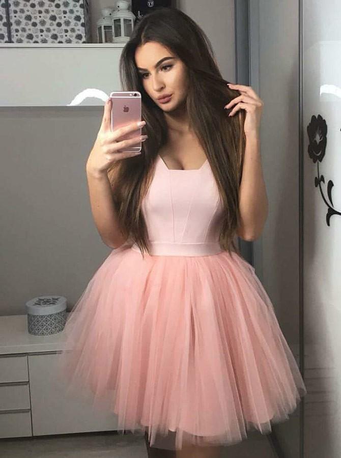 tulle blush pink satin bodice short homecoming dress with pleated skirt