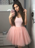 tulle blush pink satin bodice short homecoming dress with pleated skirt