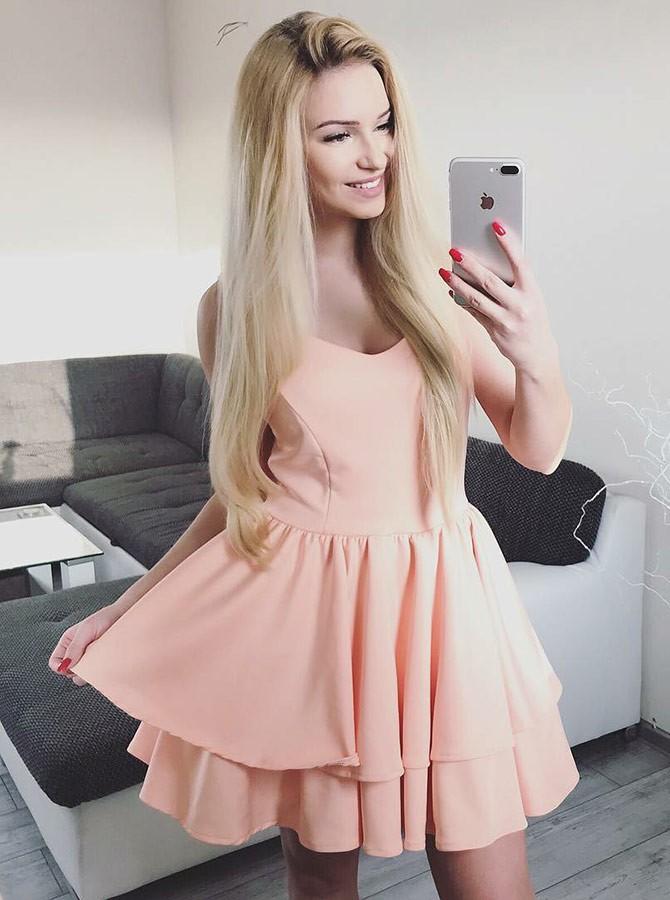chic blush pink pleated short prom homecoming dress with tiered skirt