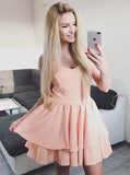 chic blush pink pleated short prom homecoming dress with tiered skirt