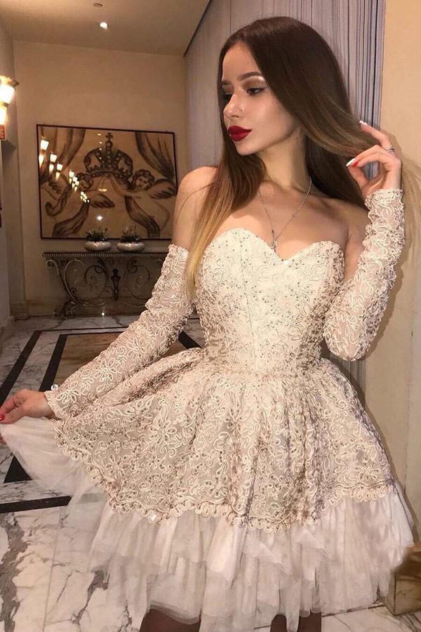 sweetheart beading appliqued long sleeves short homecoming graduation dress