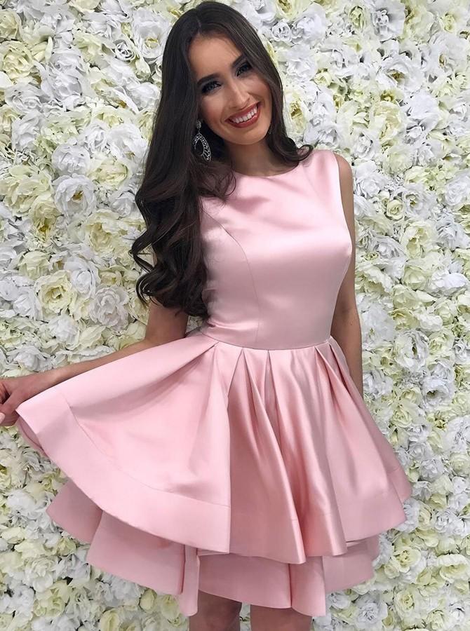 jewel pink short prom dresses satin homecoming dress with tiered skirt