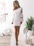 one shoulder lace long bell sleeves layered bodycon party dress