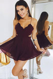 a line v neck chiffon maroon homecoming dresses backless cocktail party dress