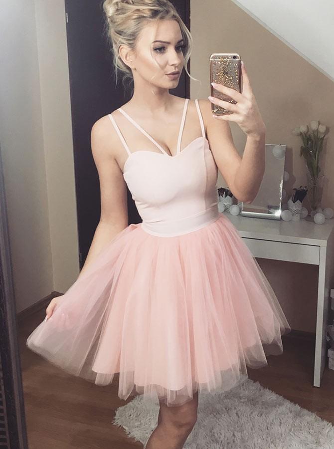 charming double spaghetti straps blush pink tulle short homecoming dress
