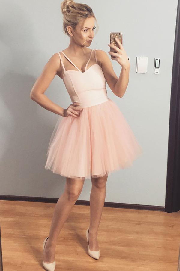 charming double spaghetti straps blush pink tulle short homecoming dress