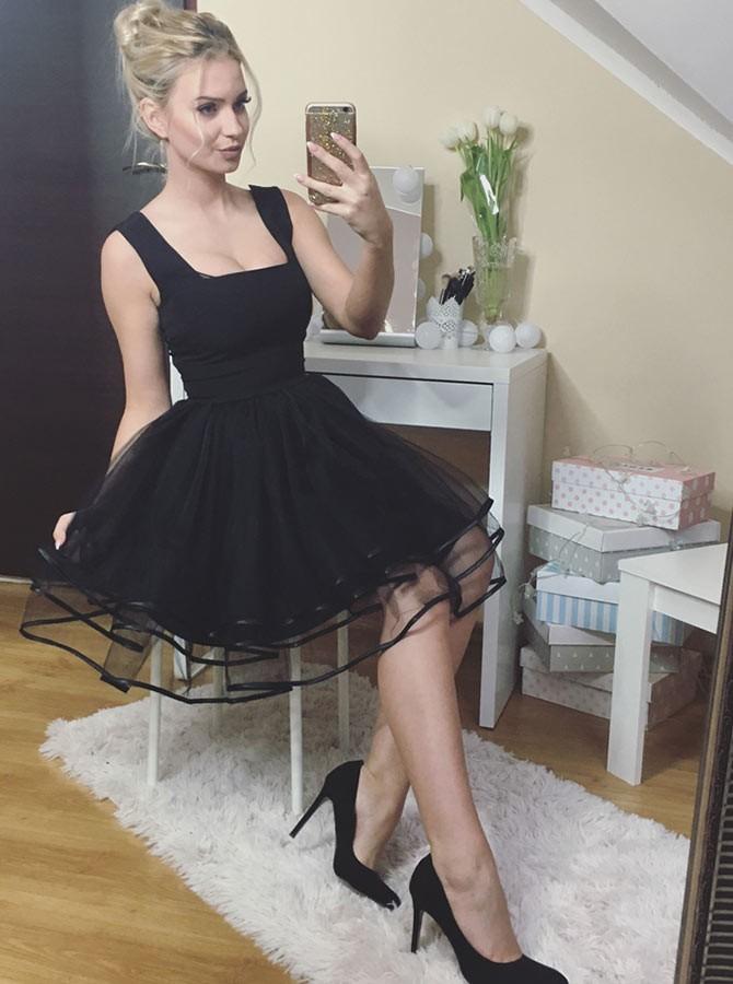 a line square black homecoming dress tulle pleated short prom dress
